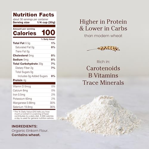 Jovial Organic Einkorn Unbleached All Purpose Flour - Bread Baking Flour for Sourdough, High Protein, Non-GMO, Organic Pizza & Pasta, European Italian, Glyphosate Free - 32 Oz
