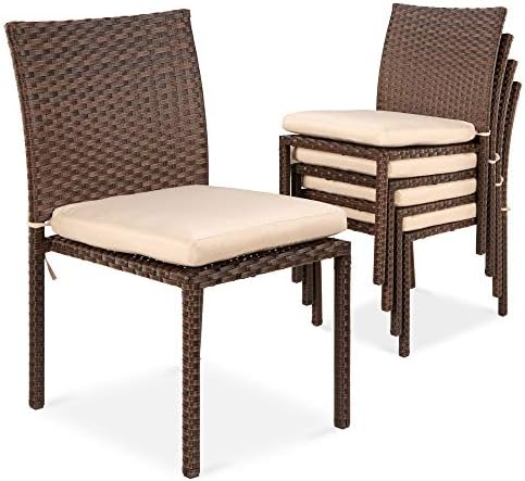 Best Choice Products Set of 4 Stackable Outdoor Patio Wicker Chairs w/Cushions, UV-Resistant Finish, and Steel Frame - Brown/Red