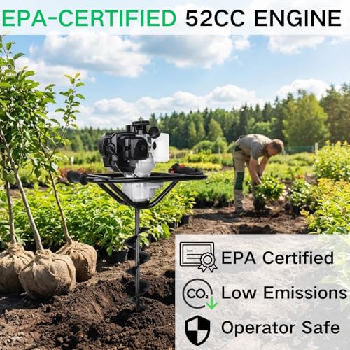 DC HOUSE 52cc 1800W Gas Powered Earth Auger EPA Certified Post Hole Digger, with 3 Drill Bits 4" 6" 8" and 3 Extension Rods 8" 12" 20"