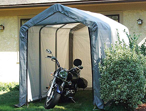 ShelterLogic 10' x 10' Shed-in-a-Box All Season Steel Metal Round Roof Outdoor Storage Shed with Waterproof Cover and Heavy Duty Reusable Auger Anchors, grey