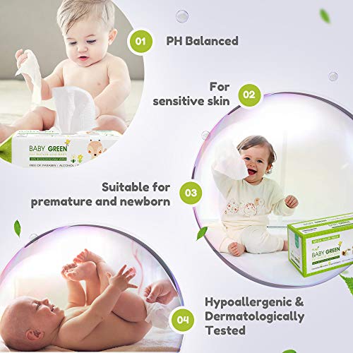Yugi Green Baby Wipes for Babies Unscented, Made with Renewable Plant Fibers, Plant-Based, Fragrance-Free, for Sensitive Skin, 12 Packs, 72 Count