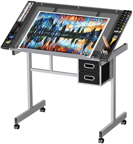 ZENY Drafting Table on Wheels with Storage Drawers, Adjustable Glass Tabletop, Craft Table Drawing Desk Artist Hobby Table for Painting, Drawing