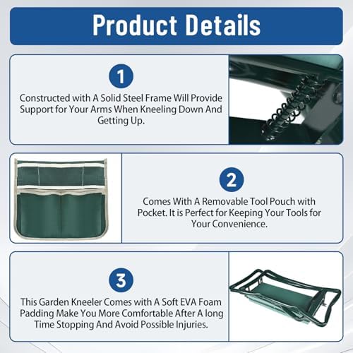 WFLNHB Garden Kneeler and Seat Stool Bench Foldable Kneeler Portable Garden Folding Stool with Tool Pouch and Soft Kneeling Pad