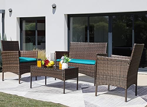 Greesum Patio Furniture 4 Pieces Conversation Sets,Brown and Beige
