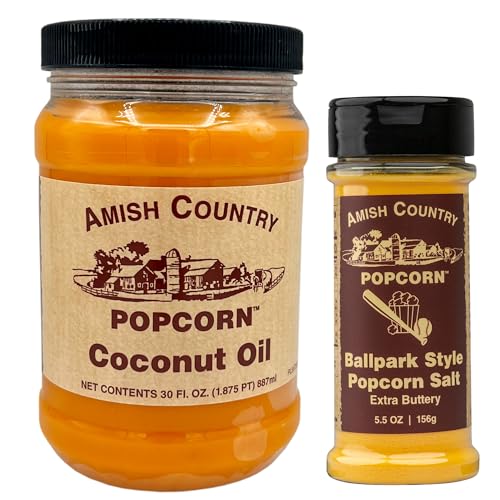 Amish Country Popcorn | Oil and Seasoning Variety Pack | Coconut Oil - 30 oz and Ballpark ButterSalt Popcorn Salt - 5.5 oz | Old Fashioned