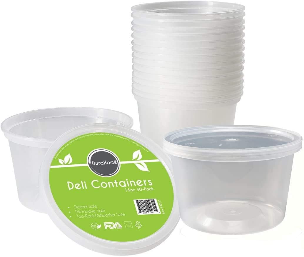 DuraHome - Deli food Storage Containers with Lids 32 oz, Quart Pack of 24 Leak-proof Freezer Safe Microwaveable Soup Storage Container - Clear Plastic Premium Quality