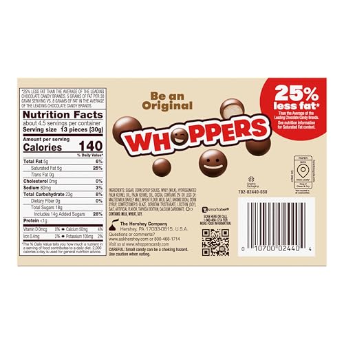 WHOPPERS Malted Milk Balls Candy Box, 5 oz | Crunchy malted milk balls coated in chocolate flavored candy for movie nights and snack breaks.