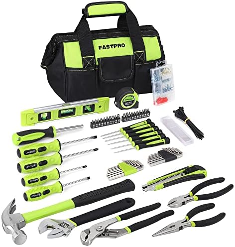 FASTPRO 215-Piece Home Repairing Tool Set with 12-Inch Wide Mouth Open Storage Bag, Household Hand Tool Kit,Red