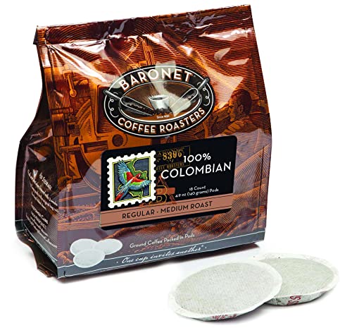 Baronet Coffee 8 Gram Coffee Pods, 100% Colombian, 54 Pods | Medium Roast, 100% Arabica Coffee, Regular Strength, 3 Bags of 18 Single Serve Pods, Compatible with Senseo Coffee Machines