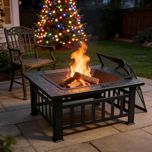 ZENY 32 inch Outdoor Fire Pit with Grill for Outside Wood Burning, Square Metal Outside Fireplaces