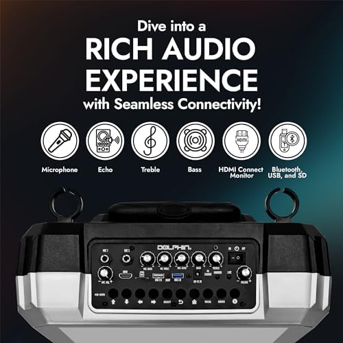 Dolphin KB-85R Karaoke Machine with Wireless Microphone, 8" Woofer | 14" Tablet, 100W RMS, 5400mAh Battery, Bluetooth, HDMI Output, USB, SD, FM