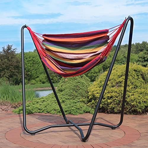 Sunnydaze Hanging Hammock Chair with Stand, Sunset | Space-Saving, Indoor or Outdoor Use, 330-Pound Capacity, Powder-Coated Steel Construction