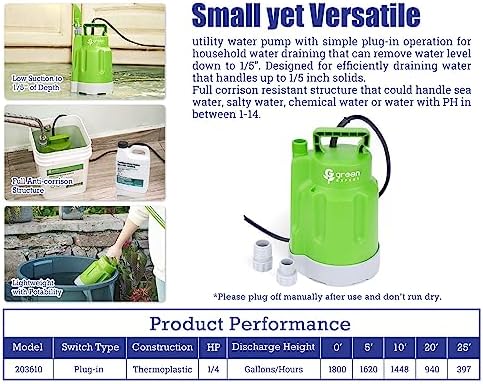 Green Expert Corrosion-Resistant Submersible Utility Pump, Tankless Water Heater Flush Kit Pump Replacement/Upgrade, 1/4HP 1800 GPH, 28FT Head