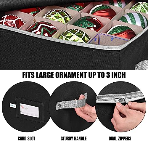 Christmas Ornament Storage Box, 4 Individual Trays Xmas Storage Container, Fits 64 Ornaments Decoration Balls, Constructed of Durable Polyester Material (Red)