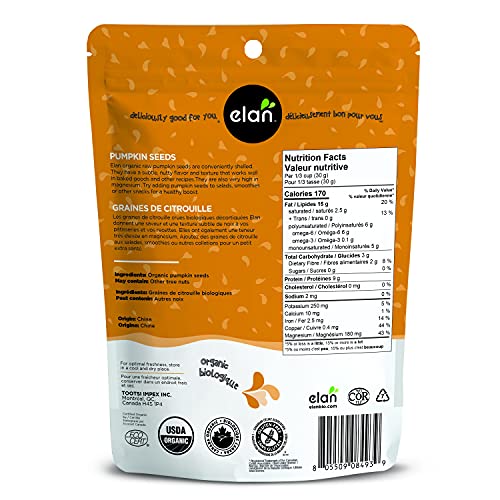 Elan Organic Pumpkin Seeds, 6.5 oz, Unsalted, Unroasted Shelled Kernels, No Shell, Non-GMO, Vegan, Gluten-Free, Kosher, Nutritious Seeds