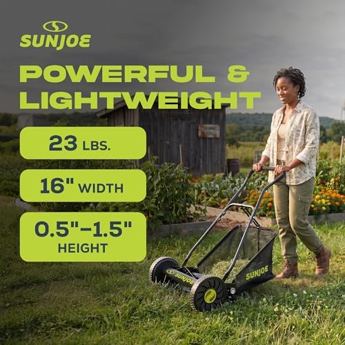 Sun Joe Manual Push Reel Lawn Mower with 6.6-Gal Grass Catcher, 16-Inch Cutting Width - Heavy-Duty Yard Trimmer Machine for Gardening Care and Maintenance, MJ500M