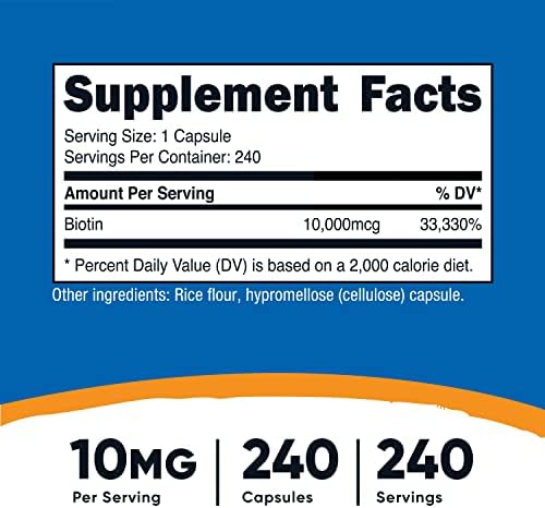 Nutricost Biotin (Vitamin B7) 10,000mcg (10mg), 240 Capsules, Quick Release | Vegetarian, Gluten Free, GMO-Free