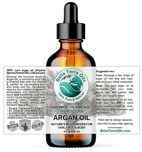 Bella Terra Oils - Argan Oil 2 oz - Cold-Pressed from Morocco, Rich in Vitamin E & Fatty Acids, Perfect Hair Oil Serum to Combat Frizz, Luxurious Face Oil