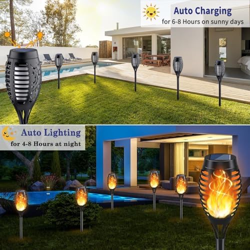 KYEKIO 12Pack Solar Torch Light with Flickering Flame for Halloween Decor