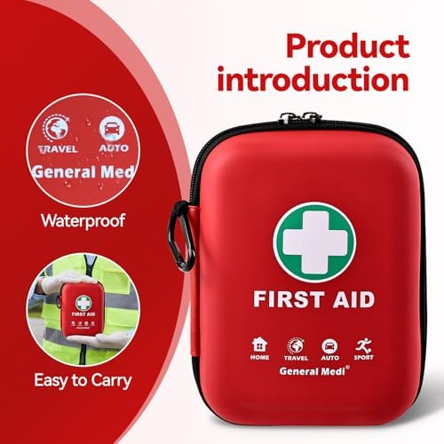 General Medi First Aid Kit - 170 Pieces Hard Case and Lightweight - Great for Travel, Home, Office, Vehicle, Camping, Workplace & Outdoor (Red)