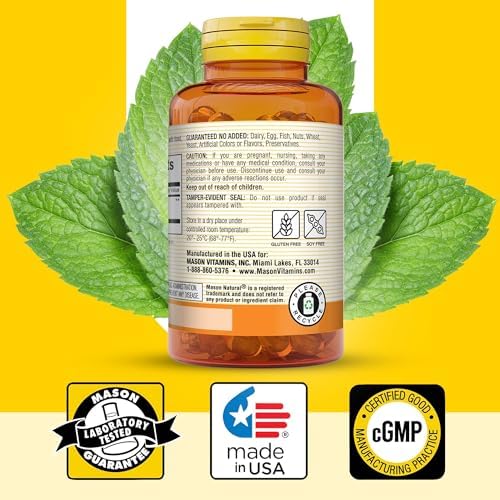 MASON NATURAL Peppermint Oil 50 mg Enteric Coated Softgels, 90 Day Supply | 50mg pure peppermint oil, enteric coated to dissolve in the intestines, to ease bloating & gas and support normal digestion