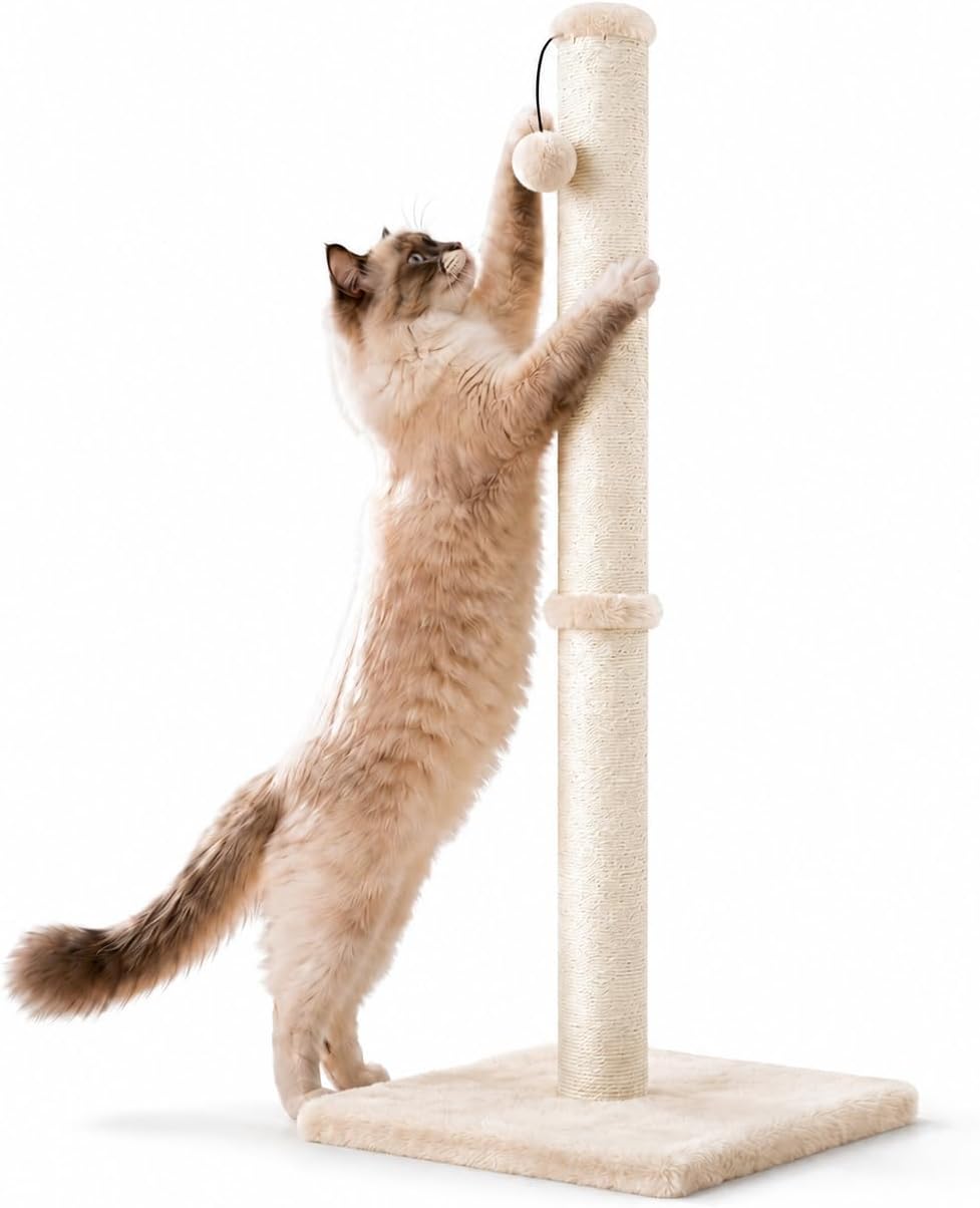 Dimaka 29" Height Tall Cat Scratching Post, Claw Scratcher with Sisal Rope and Covered with Soft Smooth Plush, Vertical Scratch [Full Strectch] for Standard Size Cats(Grey, 29 inches for All Cats)