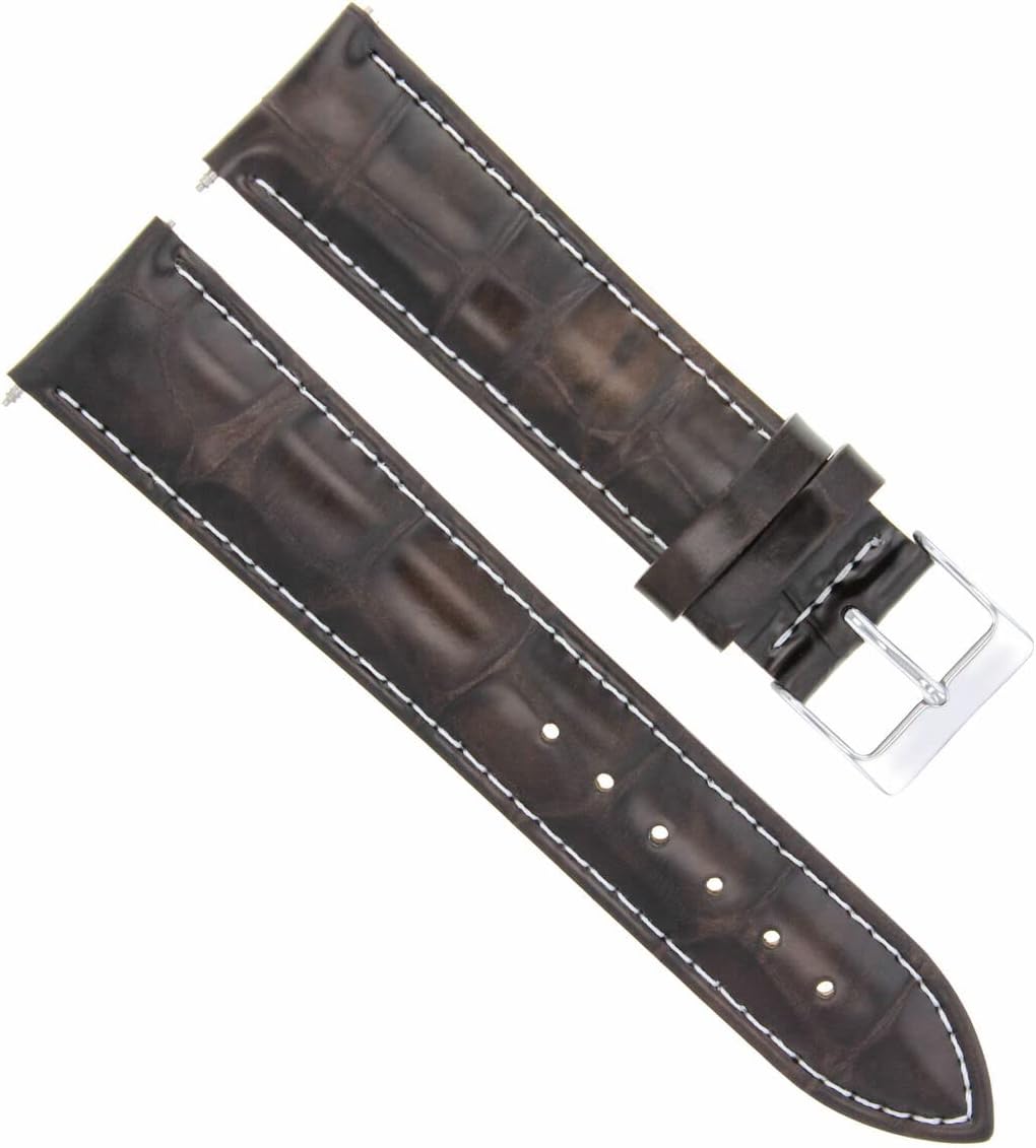 Ewatchparts 22mm Dark Brown Leather Replacement Watch Strap White Stitching Silver Buckle Compatible With Invicta Diver