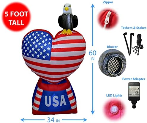 5 Foot Tall Patriotic Independence Day 4th of July Inflatable | Love Heart with American Flag and Bald Eagle, Pre-Lit LED Lights, Outdoor Indoor
