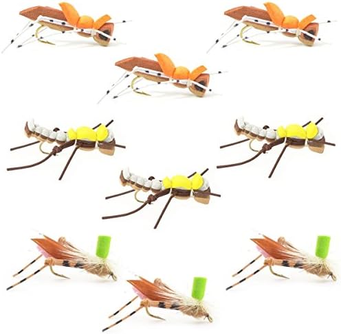 The Fly Fishing Place Grasshopper Trout Fly Fishing Flies Assortment - Foam Body Hoppers - 9 Flies 3 Patterns Hook Size 10 - Trout Fly Collection