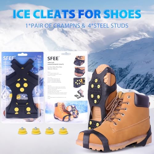 Ice Cleats for Boots Shoes, Snow Grips Cleats for Ice and Snow Anti-Slip Rubber Traction Cleats for Walking on Snow and Ice 10 Steel Studs Crampons for Hiking, Walking, Climbing, Jogging
