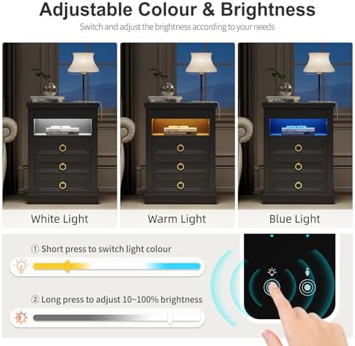 Farmhouse Nightstand with Lockable Hidden Drawer, Human Sensor LED Bedside Table with LED Lights & Charging Station, Rustic Wood Sofa Side End Table with 3 Drawers for Bedroom (Black)