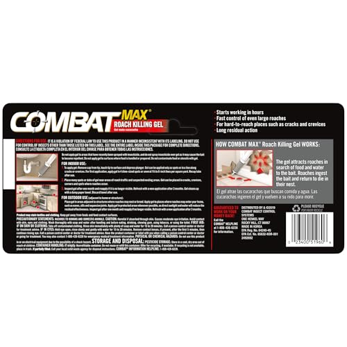 Combat Max Roach Killing Gel, Indoor and Outdoor Use, 1 Syringe, 2.1 Oz | Starts working in hours, fast control of large roaches, long residual action, unscented, transparent gel
