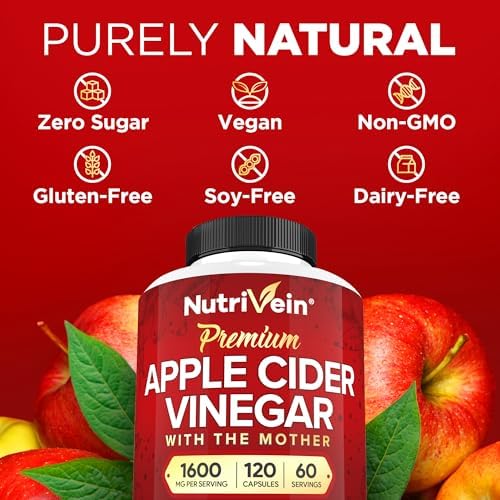 Nutrivein Apple Cider Vinegar Supplement with Mother 1600 mg - 120 Capsules | Unfiltered ACV pills for men and women. Supports digestion