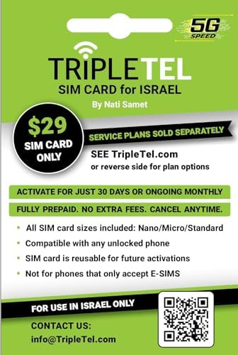 SIM Card for Israel, 5G Speed Purchase Monthly Plan Separately Online For 30-Days or Long Term Phone Must be Unlocked