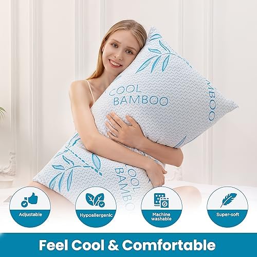 ComfySleep Queen Size 2 Pack Rayon Made from Bamboo Pillows for Sleeping, Cooling Shredded Memory Foam Adjustable Bed Pillow with