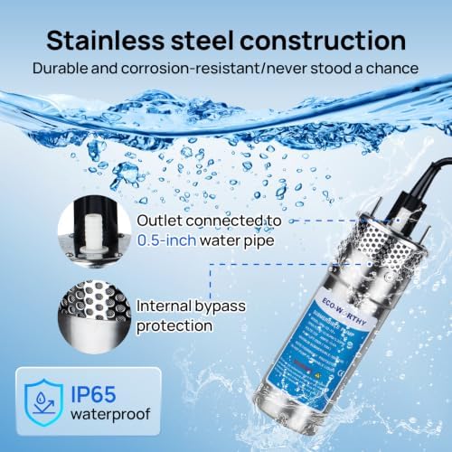 ECO-WORTHY 24V Submersible Deep Well Water Pump with 10ft Cable 1.6GPM 4'' 5A, Max Lift 230ft/70m, DC Pump/Alternative Energy Solar Battery Farm & Ranch Submersible Deep Well Pump