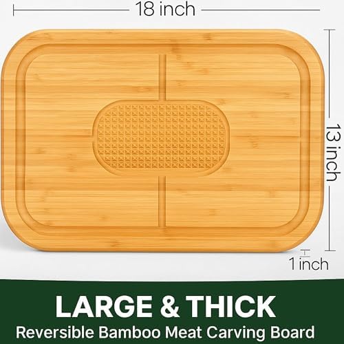 Wood Cutting Board for Kitchen - 1 Inch Thick Bamboo Wooden Chopping Board, Butcher Block Cutting Board with Juice Groove, Handles, Large Meat Cutting Board, Charcuterie Serving Board, 16 x 11