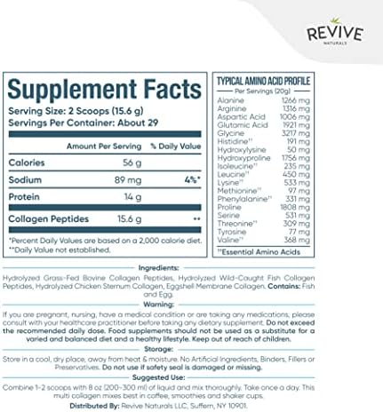 Revive Naturals Multi Collagen Hydrolyzed Protein Powder (16oz) - Types I, II, III, V & X - Grass Fed Bovine, Wild Caught Marine, Free Roaming Chicken & Eggshell Collagen Peptides,