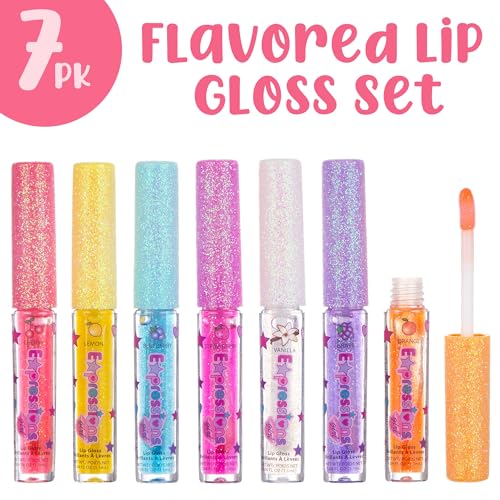 7pc Fruity Flavored Lip Gloss Set - Assorted Fruit Flavor-Great Gift | Non-Toxic Kids Makeup. Fun Shiny Lip Gloss Collection for Kids, Teens & Girls - Sweet & Glossy Lip Care