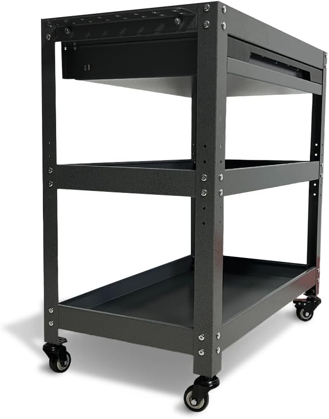 Metal 3 Tier Rolling Tool Cart with Drawer, Steel Utility Cart on Wheels, for Warehouse Garage Workshop