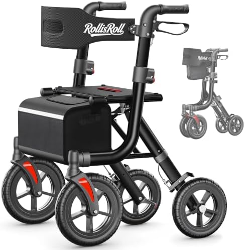 Walkers for Seniors, Rollator Walker with Seat, 10" Big Rubber Wheels All Terrain Rolling Walker, Lightweight Foldable Rollator Walker, Built-in Cable, Reinforced Aluminum Frame, Orange