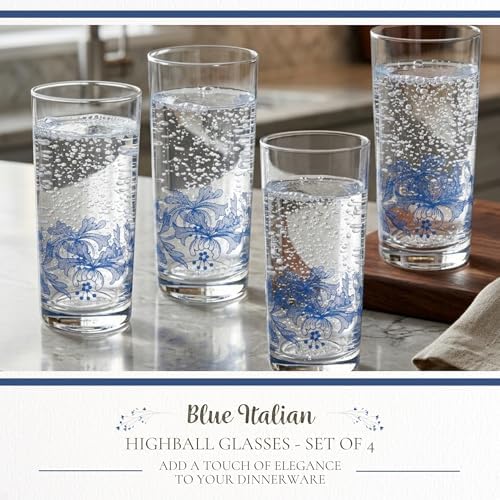 Spode Blue Italian Highball Glasses, 15 Oz - Blue & White, Set of 4 | Blue Italian Collection, Tall Tumbler for Serving Mojitos, Cocktails, Spritzers & Fruit-Infused Beverages, Glass Construction