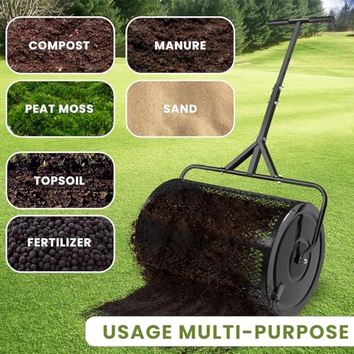 MAKEATREE 24 Inch Compost Spreader and Peat Moss Spreader, Lawn Roller for Spreading Top Soil Manure Dirt, Black