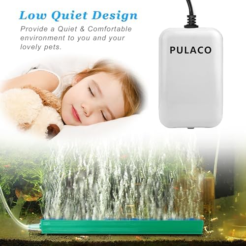 PULACO Ultra Quiet Mini Aquarium Fish Tank Air Pump for 1-20 Gallon Fish Bowl with Air Tube Air Bubbler Stone Check Valve