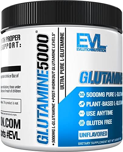 EVL L-Glutamine Powder Supplement for Post Workout Recovery, Vegan | Pure 5g L-Glutamine formula supports post-workout recovery, muscle performance