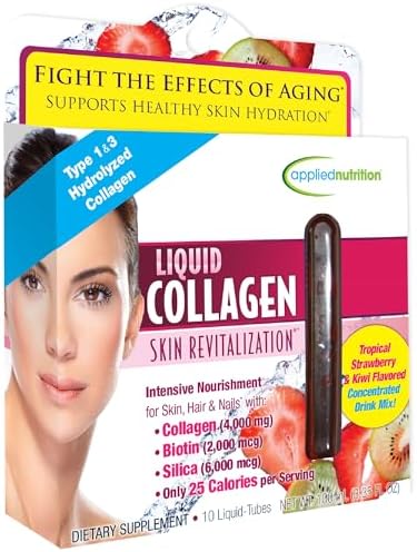 Applied Nutrition Liquid Collagen Skin Revitalization - 10 Liquid Tubes - Collagen, Biotin & Silica - Tropical Strawberry & Kiwi Flavor - 10 Servings