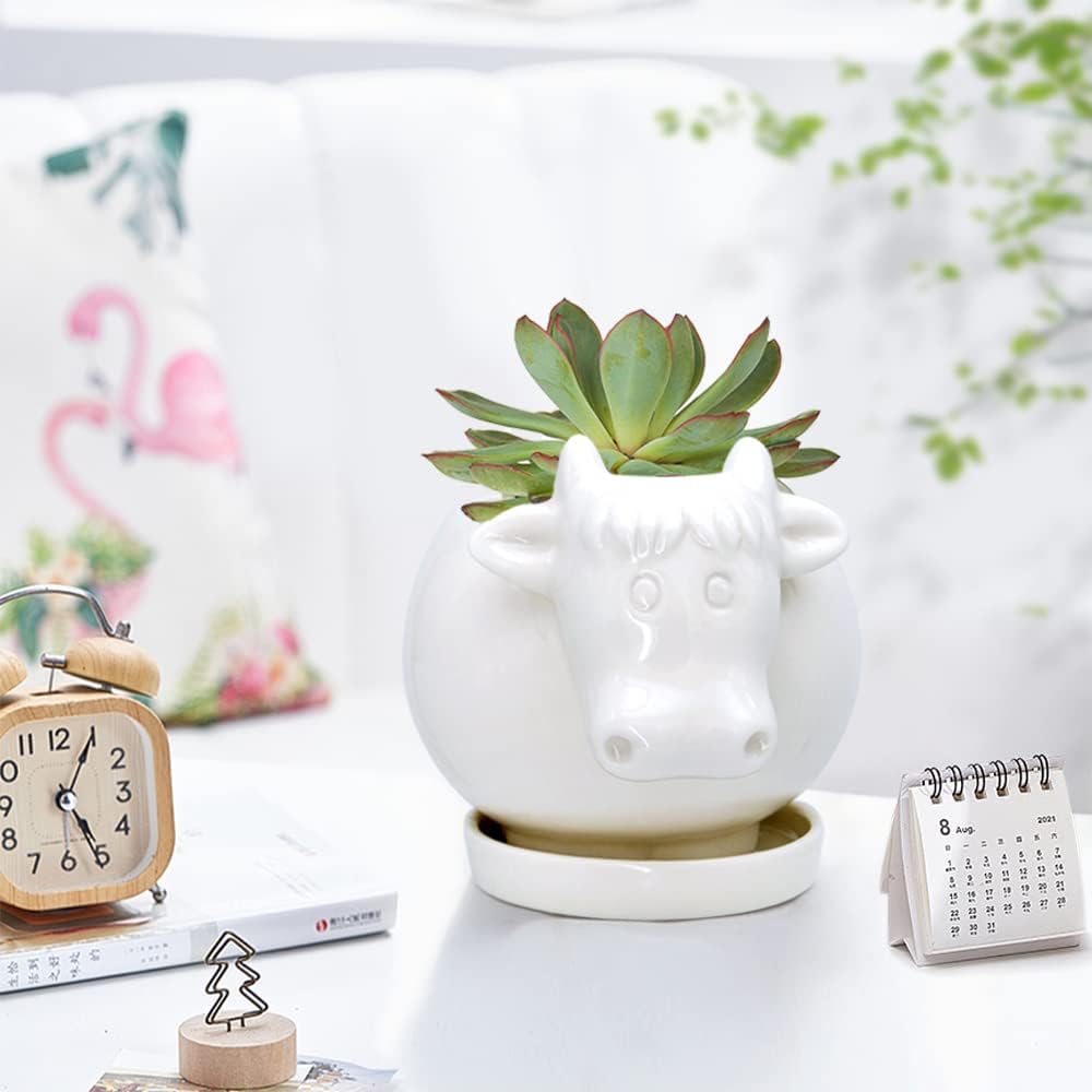 GeLive White Cow Succulent Pot, Small Ceramic Animal Planter with Drainage Hole & Saucer for Cactus, Mini Air Plants, Pencil Holder Brush Organizer, Indoor Home Office Desk Decor, Funny Gift