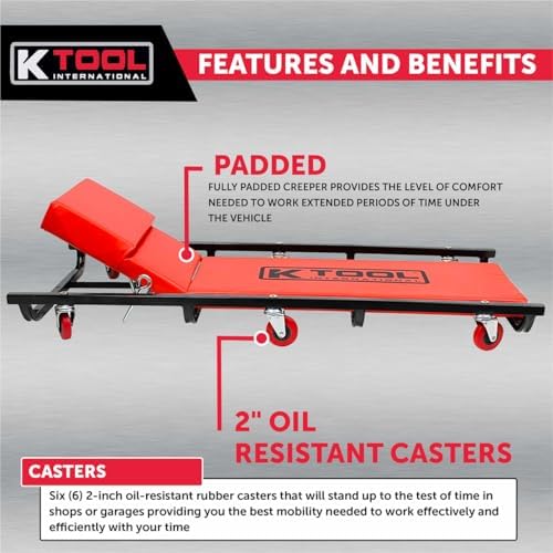 K Tool International 74961 Creeper Seat, Adjustable Headrest with Fully Padded Support, Oil Resistant Rubber Casters