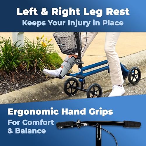 KneeRover Steerable Seated Scooter Mobility Knee Walker, Blue | Sitting Scooter with Leg Rest, Comfortable Gel Seat