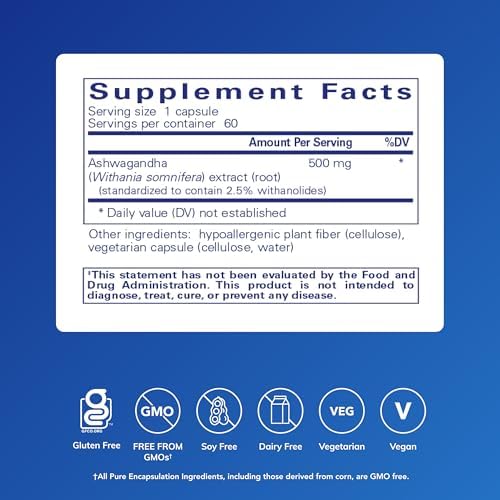 Pure Encapsulations Ashwagandha - 500 mg Ashwagandha Extract - Metabolism & Stress Support - Immune Support* - GMO Free & Vegan - 60 Capsules | 500 mg Ashwagandha Extract, Metabolism and Stress Support, Immune Support*, Non-GMO and Vegan